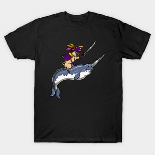 Pug Pirate Riding Narwhal Fish T-Shirt